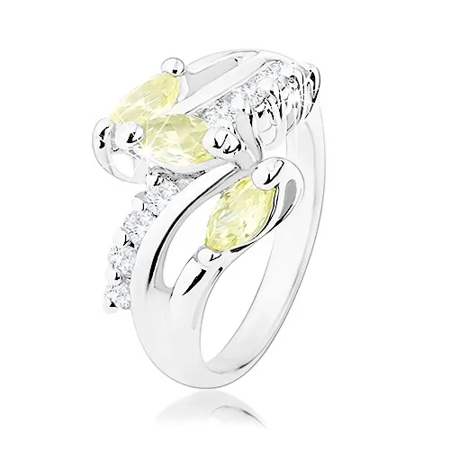 Prsten ve stříbrném odstínu, čiré zirkonové linie, žlutozelená zrnka - Velikost: 51