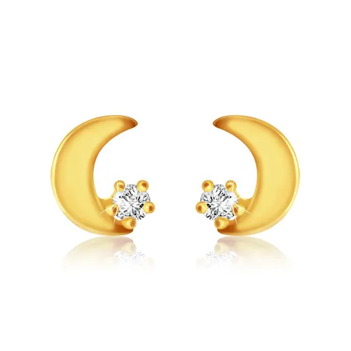 Puzetové náušnice ve žlutém 14K zlatě - plochý měsíček, kulatý zirkon čiré barvy