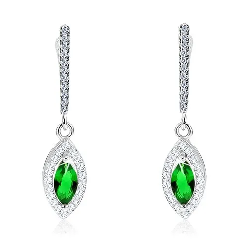Náušnice ze stříbra 925, špičatý ovál, tmavě zelený kamínek, čirý zirkonový lem