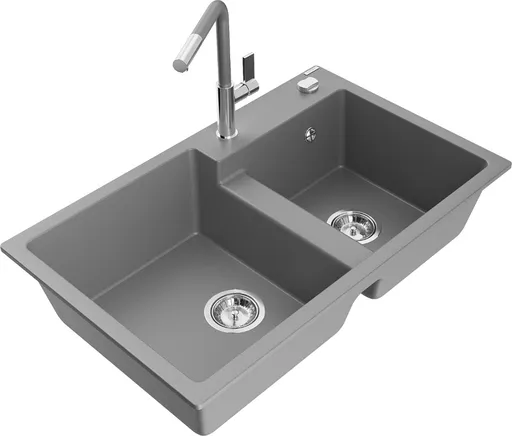 MEXEN/S Tomas granitový dřez 2-bowl včetně baterie Flora, šedá 6516-71-670401-06