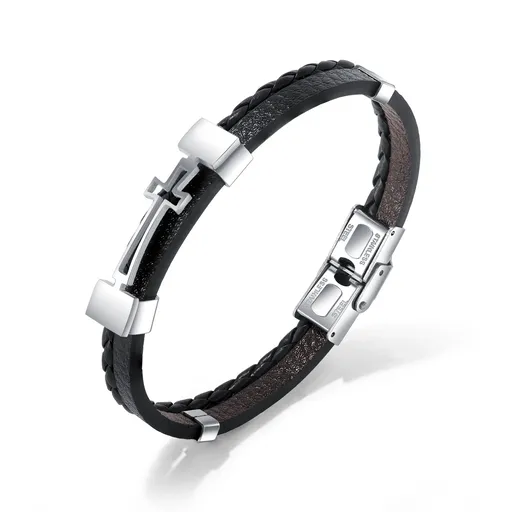 Náramek z černé syntetické kůže, obrys kříže stříbrné barvy