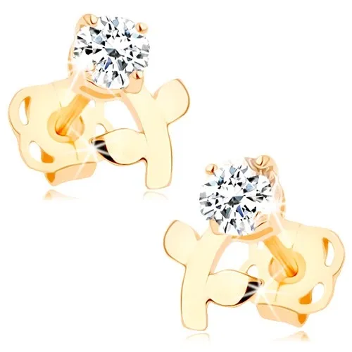 Zlaté náušnice 14K se zirkonovým květem a listy