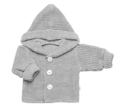 Baby Nellys Pletený svetřík s kapucí a knoflíčky Made with Love, šedý