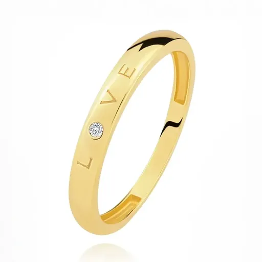 Diamantový prsten ve žlutém 14K zlatě - nápis "LOVE" s briliantem, hladký povrch, 1,5 mm - Velikost: 51