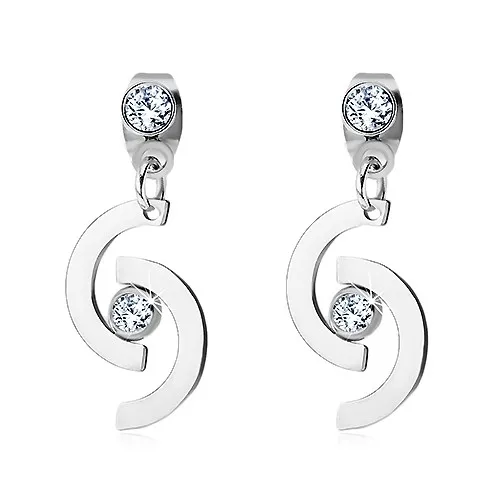 Náušnice z chirurgické oceli, dva půlkruhy se zirkonem, puzetky