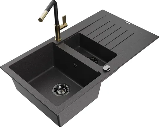 MEXEN/S Matias granitový dřez 1.5 s odkapávačem včetně baterie Flora, černá kropenatá 6502-76-670401-57-B