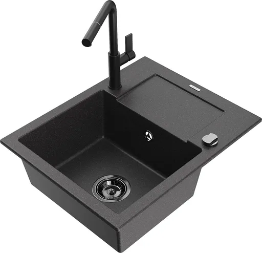 MEXEN/S Enzo granitový dřez 1-miska s odkapávačem včetně baterie Flora, černá kropenatá 6506-76-670401-70-B