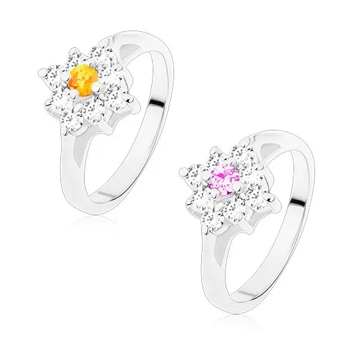 Blýskavý prsten se zúženými rameny, čirý čtvereček s barevným středem - Velikost: 53, Barva: Oranžová