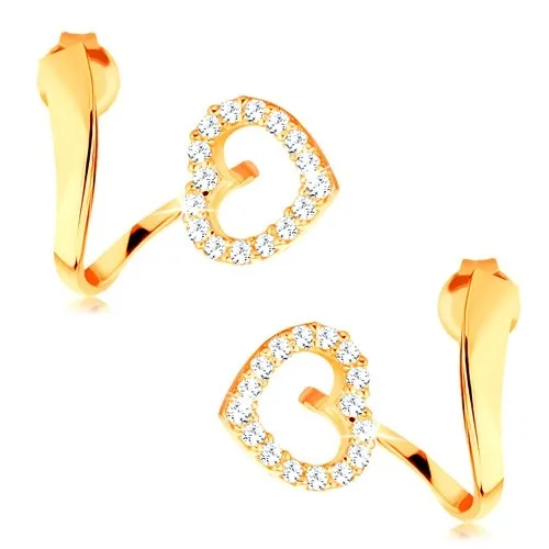 Náušnice ze žlutého 14K zlata - zvlněná stuha s třpytivou konturou srdce