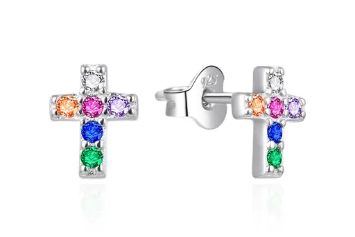 Agato Stříbrné náušnice Křížek s barevnými zirkony AGT-E169PC