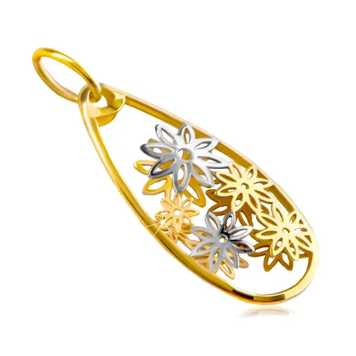 Přívěsek z kombinovaného 14K zlata - linie velké slzy, vyřezávané květy