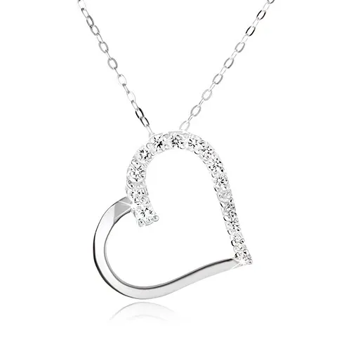 Stříbrný 925 náhrdelník, řetízek a obrys souměrného srdce, čiré kamínky