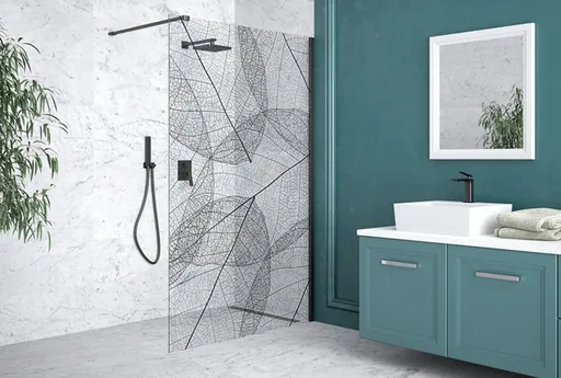 BESCO Walk-in sprchový kout LEAFY Barva rámu Černá, Rozměr A 110, Rozměr C 200, Směr zavírání Univerzální Levé / Pravé, Výplň Malované bezpečnostní sklo 8 mm BCLEAFY110