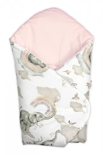 Baby Nellys Novorozenecká bavlněná zavinovačka, Slon a Duha, bílá/růžová