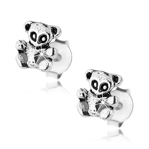 Puzetové náušnice, stříbro 925, malý lesklý medvídek, černá patina