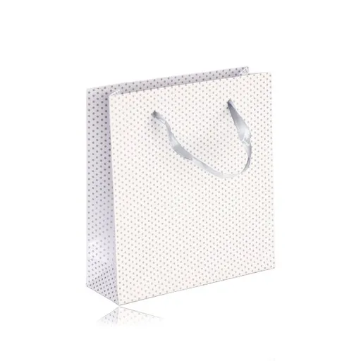 Papírová dárková taštička - bílá barva, stříbrné tečky, hladký povrch
