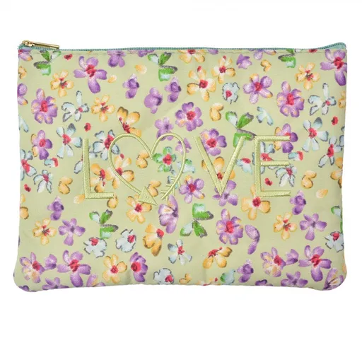 Zelená látková toaletní taštička s kvítky Love - 22*1*16 cm Clayre & Eef