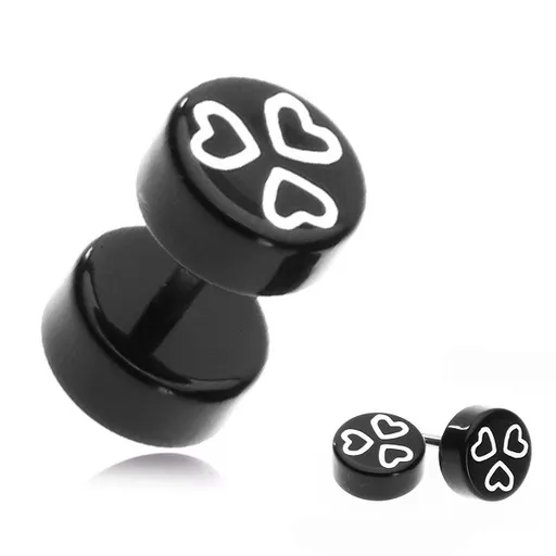 Falešný plug z akrylu  - bílá srdce na černém válci