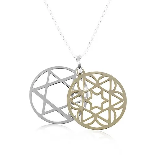 Stříbrný náhrdelník 925, dvoubarevná vyřezávaná hvězda v kruhu