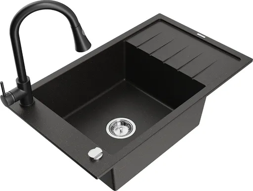 MEXEN/S Elias granitový dřez 1 s odkapávačem včetně baterie Elia, černá/zlatá metalik 6511-75-670101-70