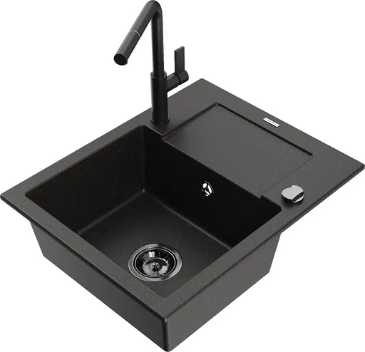 MEXEN/S Enzo granitový dřez 1-miska s odkapávačem včetně baterie Flora, černá/zlatá metalik 6506-75-670401-70-B