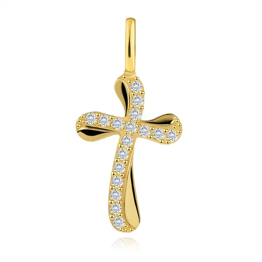 Zlatý přívěsek 585 - křížek se zvlněnými rameny, zdobený čirými zirkony