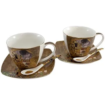 Home Elements Sada dvou šálků 250 ml, s podšálky a lžičkami, Klimt, Polibek zlatý (KLIMT0001)