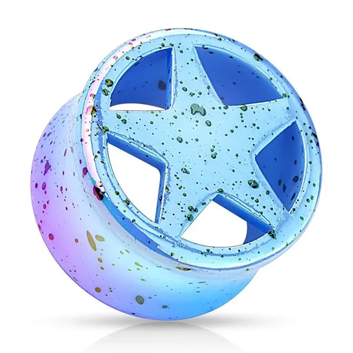 Tunel plug z akrylu modré barvy, vyřezávaná hvězda, černé skvrny - Tloušťka : 10 mm