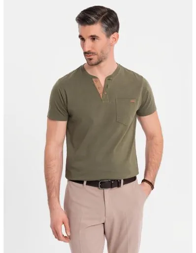 Pánské bavlněné tričko s výstřihem do V a efektem praní - tmavě modré V7 OM-TSWT-0242