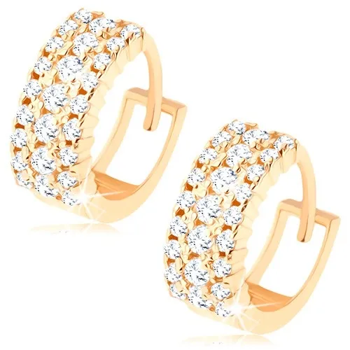 Kruhové náušnice ze žlutého 14K zlata - široký pás zdobený čirými zirkonky