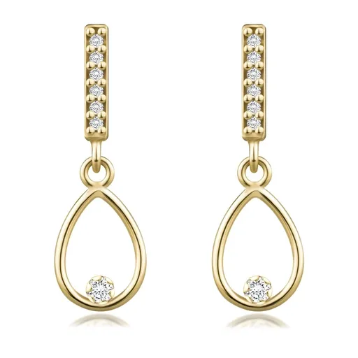 Náušnice ze žlutého 14K zlata - úzký pásek, kontura slzy, čiré zirkony, puzetky