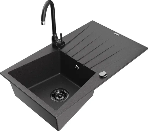 MEXEN/S Cesar granitový dřez s odkapávačem včetně baterie Telma, černá kropenatá 6514-76-670200-70-B