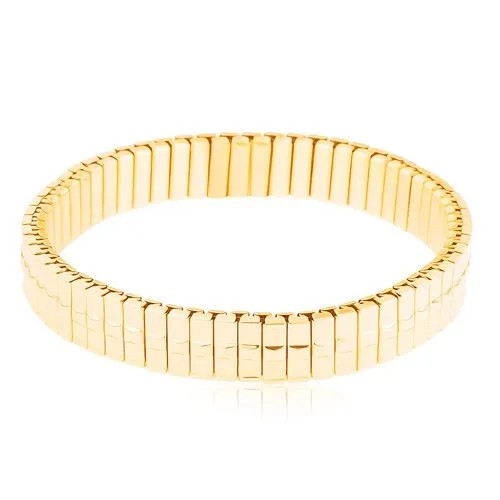 Ocelový náramek ve zlatém odstínu, pružný, úzké dílky s čtverečkem uprostřed