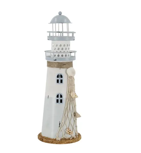 Bílo-modrá kovová dekorace maják s Led Lighthouse - Ø 10*28 cm Chic Antique