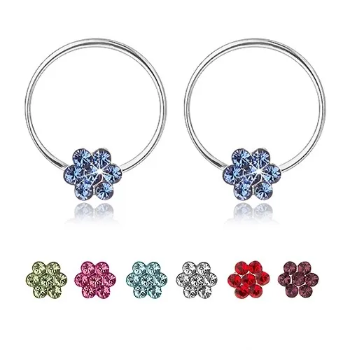 Náušnice ze stříbra 925, tenký kruh s kvítkem ze Swarovského krystalů - Barva: Modrá