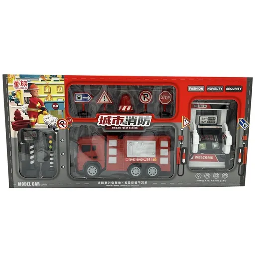 Hasičská souprava s autem, benzínovým stojanem a dopravními značkami - s výsuvnou plošinou