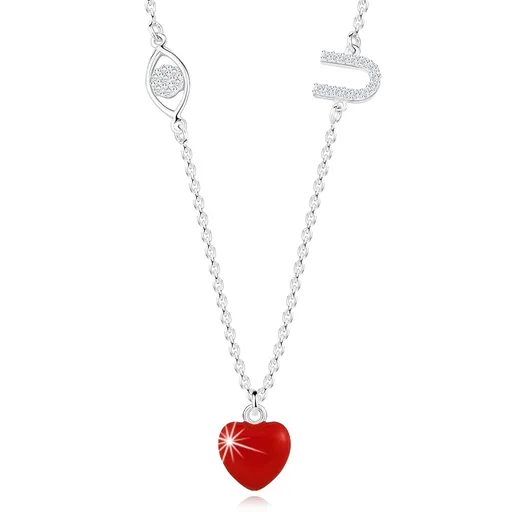 Stříbrný 925 náhrdelník - ochranné oko, červené srdce, písmeno "U", čiré zirkony