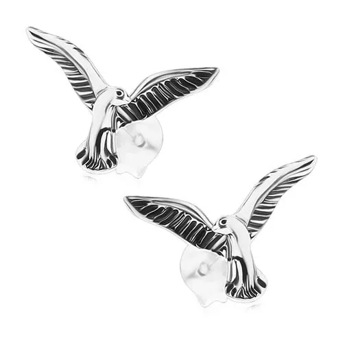 Stříbrné náušnice 925 s puzetovým zapínáním, patinovaný pták