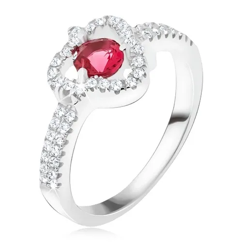 Prsten ze stříbra 925, červený kamínek, čirý zirkonový trojúhelník - Velikost: 56