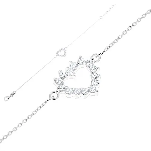 Stříbrný náramek 925, jemný řetízek, kontura srdce - čiré zirkony