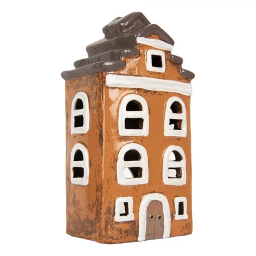 Oranžový keramický svícen na čajovou svíčku domek Village - 13*10*23 cm Clayre & Eef