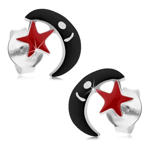 Stříbrné náušnice 925, puzetky, černý měsíc, červená hvězdička, glazura