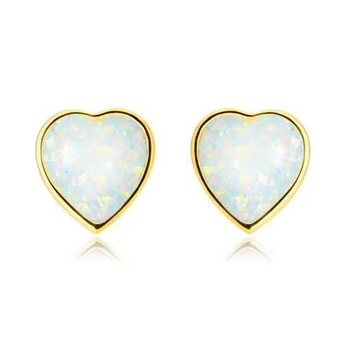 Zlaté 14K náušnice - pravidelné srdce s vypouklým syntetickým bílým opálem, puzetky