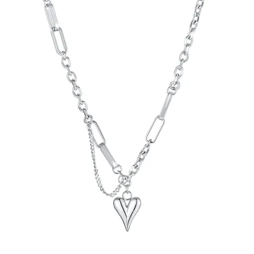 Náhrdelník z chirurgické oceli, stříbrná barva - větší oválná očka, úzké lesklé srdíčko