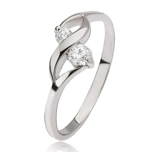 Stříbrný prsten 925 - lesklá vlnka, dva okrouhlé čiré kamínky v kotlících - Velikost: 51