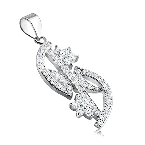 Stříbrný přívěsek 925 - zirkonová linie v podobě listů, dva blýskavé kvítky