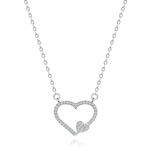 Rhodiovaný náhrdelník, stříbro 925, zirkonová kontura srdce a malé srdíčko