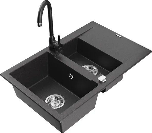MEXEN/S Gaspar granitový dřez 1.5 s odkapávačem včetně baterie Telma, černá kropenatá 6507-76-670200-70