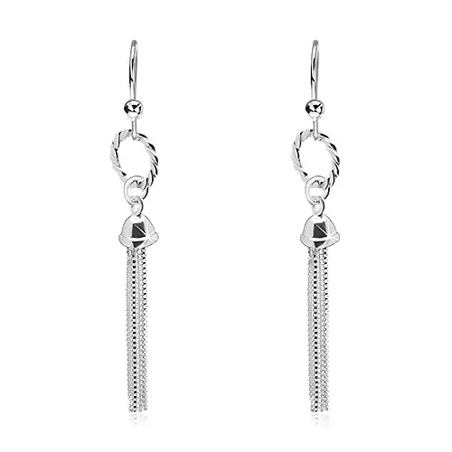 Visací náušnice, stříbro 925 - kroužek se střapcem z řetízků, háčky