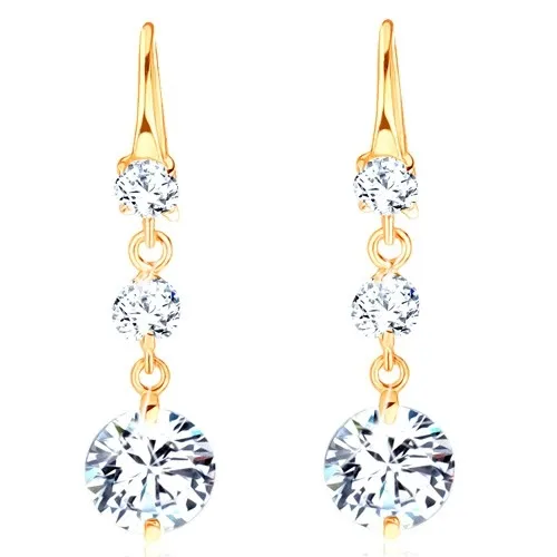 Náušnice ze žlutého 14K zlata - tři kulaté broušené zirkony čiré barvy